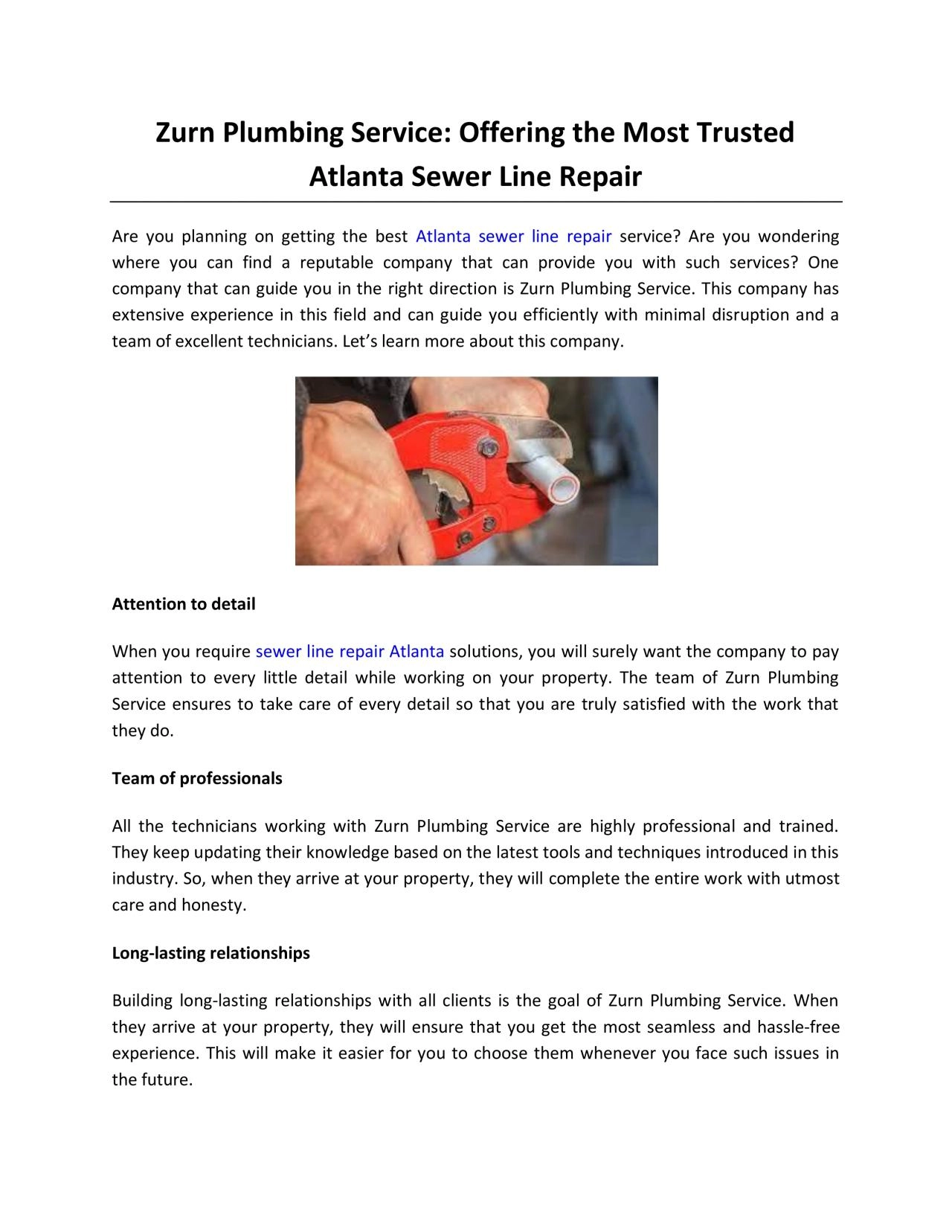 PDF-Zurn Plumbing Service: Offering the Most Trusted Atlanta Sewer Line Repair