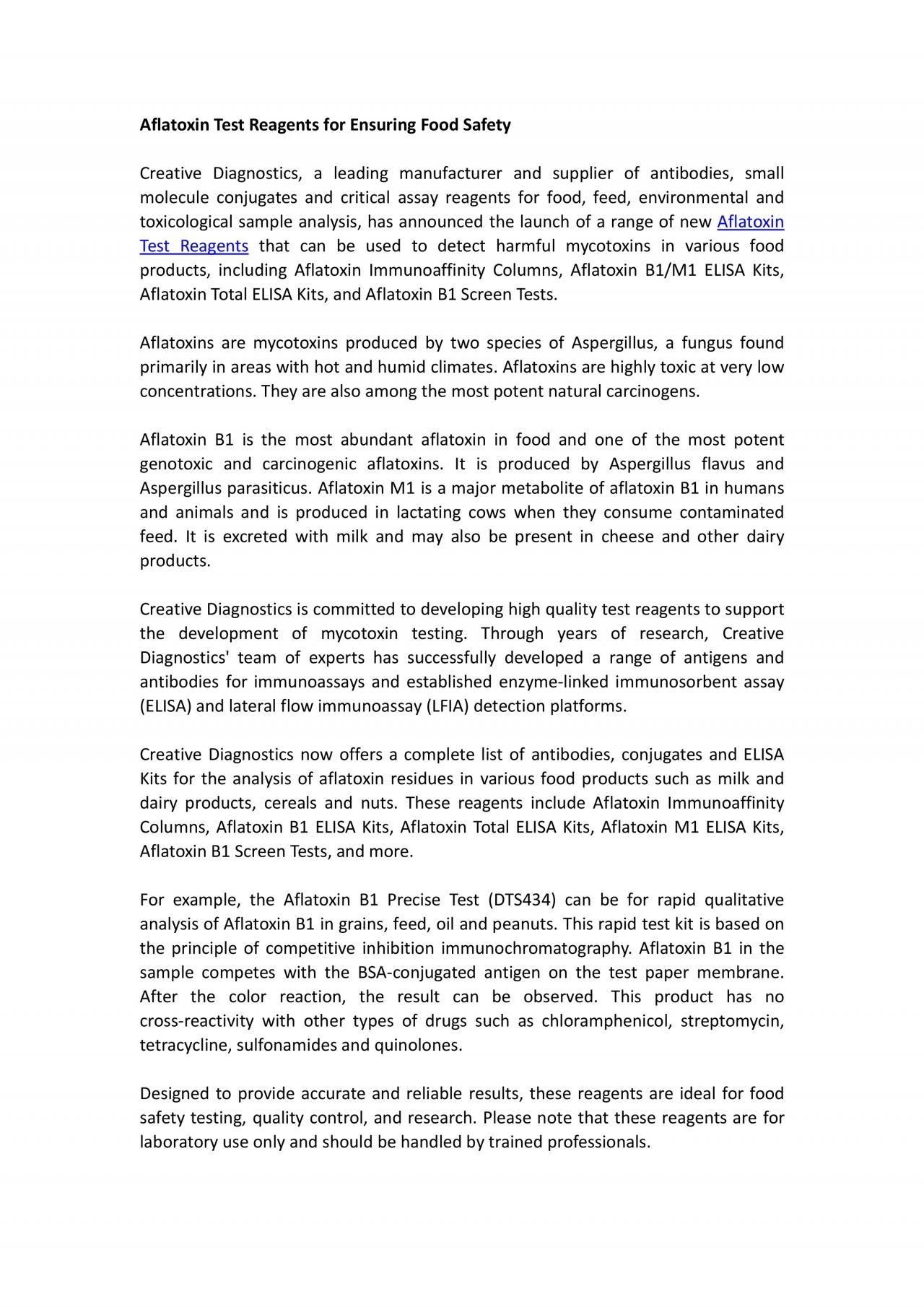 PDF-Aflatoxin Test Reagents for Ensuring Food Safety