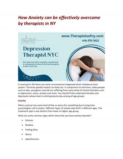 How Anxiety can be effectively overcome by therapists in NY