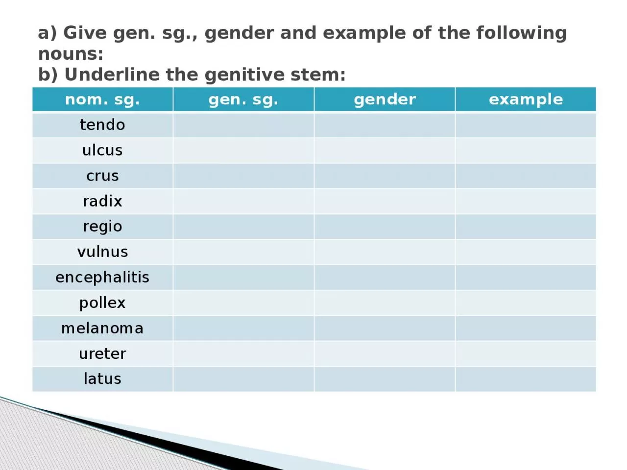 a)  Give  gen.  sg .,  gender