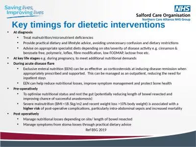 Key timings for dietetic interventions