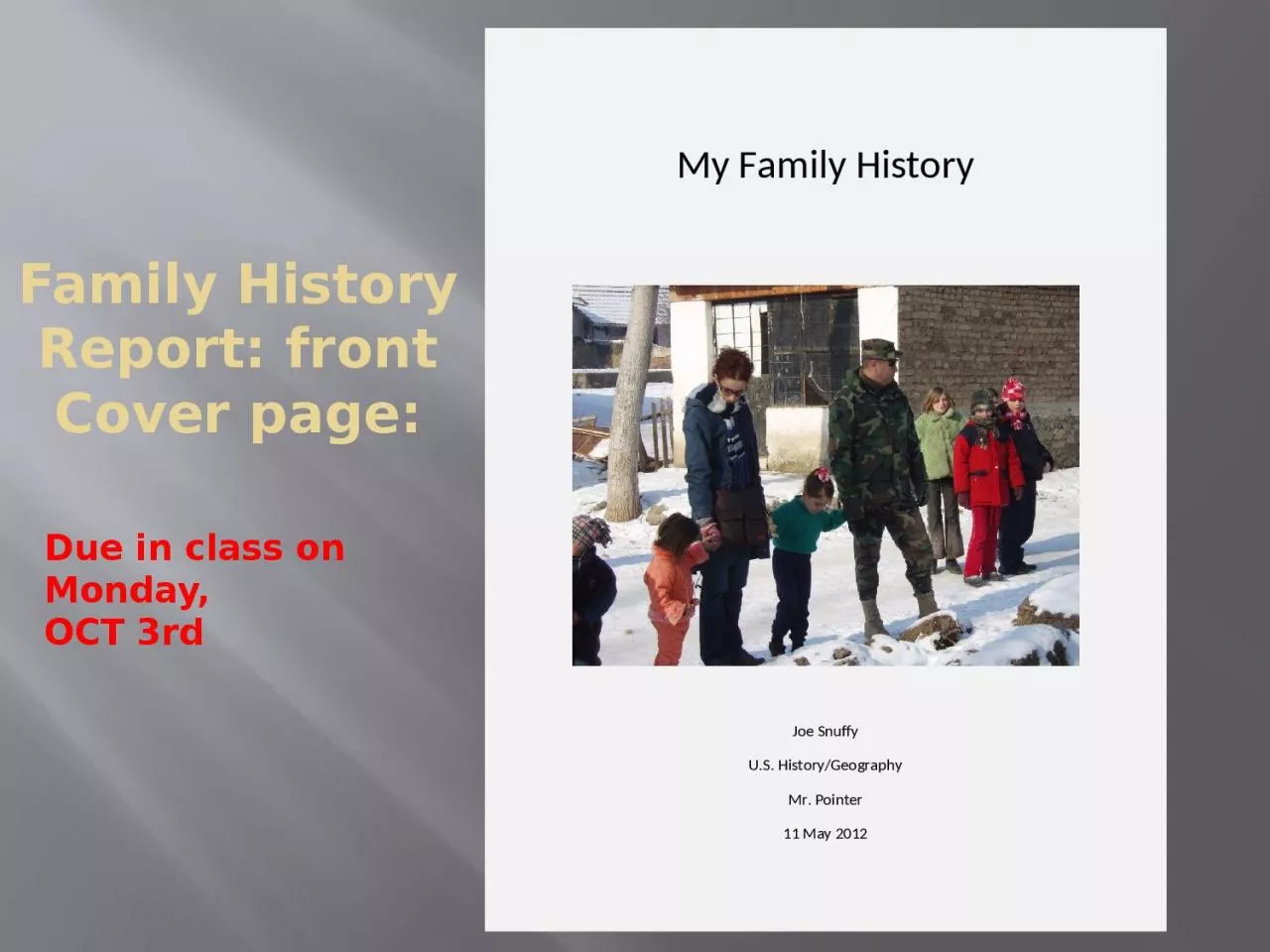 Family History Report: front Cover page: