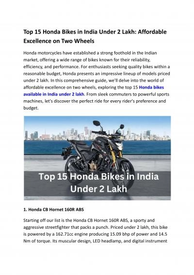 Top 15 Honda Bikes in India Under 2 Lakh