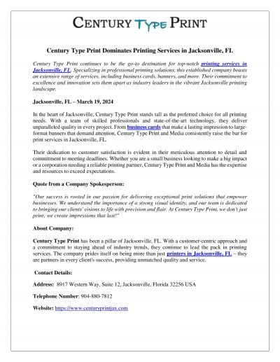 Century Type Print Dominates Printing Services in Jacksonville, FL