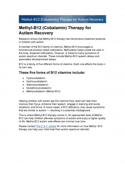 Methyl-B12 (Cobalamin) Therapy for Autism Recovery