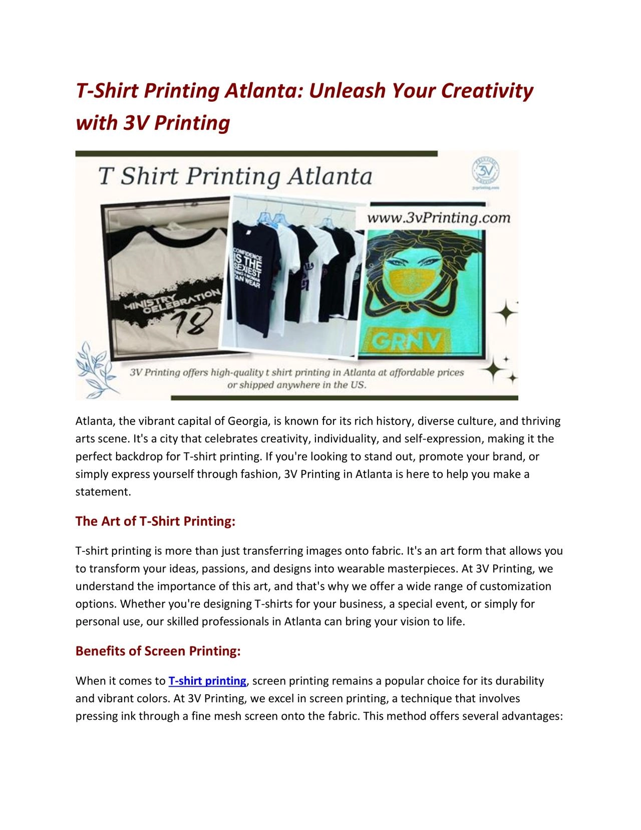 T-Shirt Printing Atlanta: Unleash Your Creativity with 3V Printing