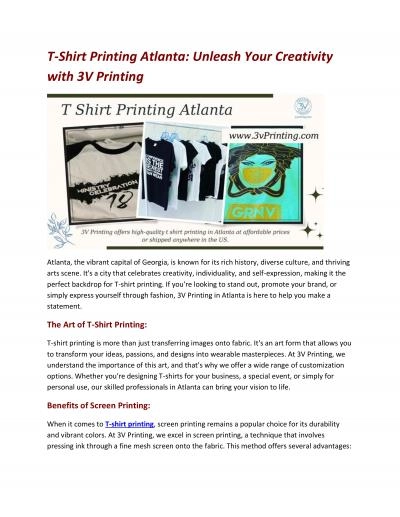 T-Shirt Printing Atlanta: Unleash Your Creativity with 3V Printing