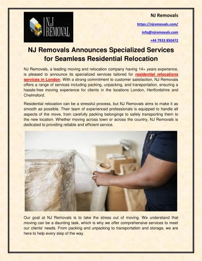 NJ Removals Announces Specialized Services for Seamless Residential Relocation