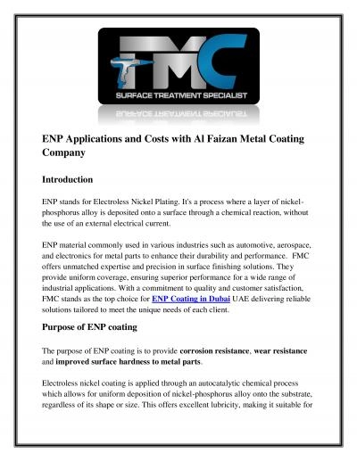 ENP Applications and Costs with Al Faizan Metal Coating Company