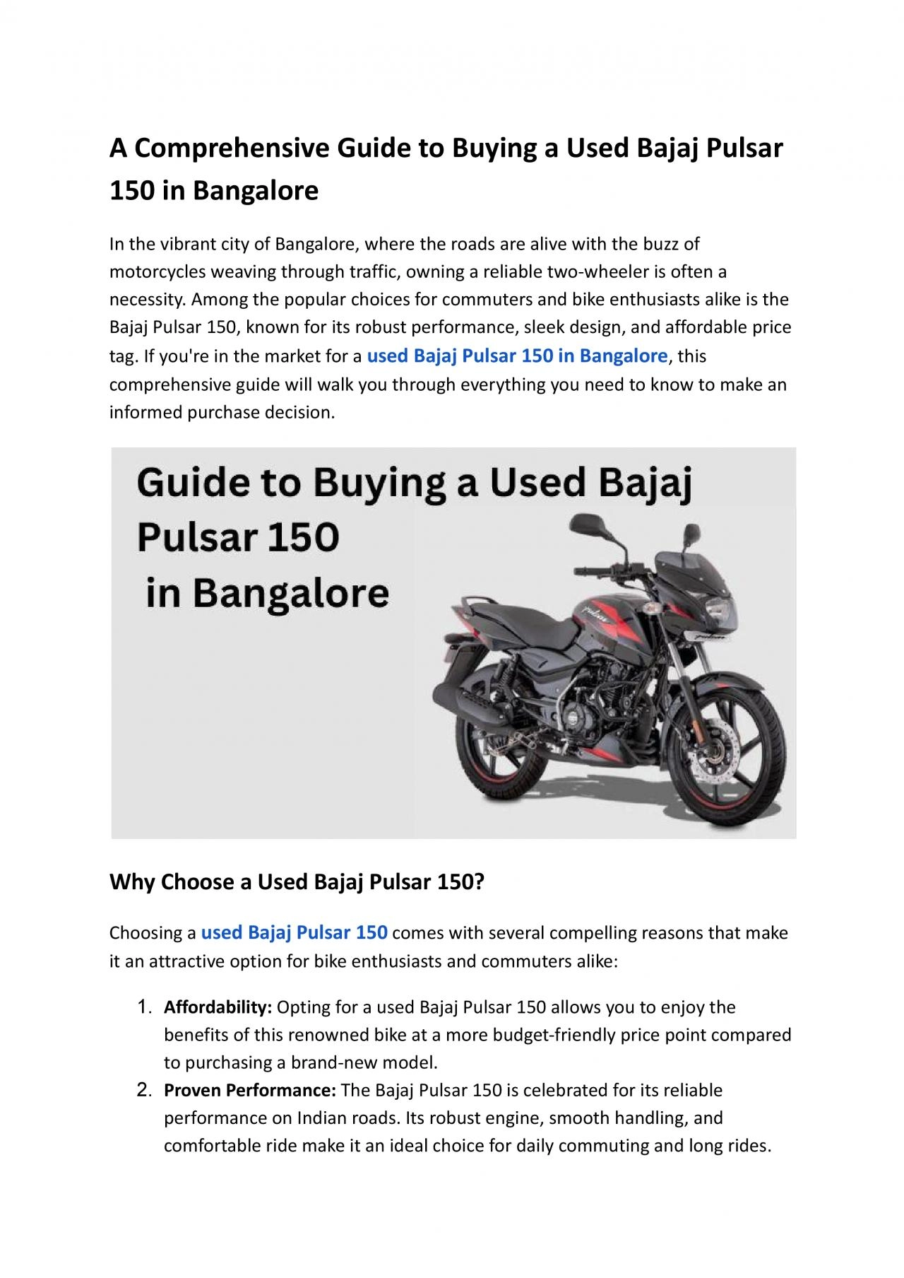A Comprehensive Guide to Buying a Used Bajaj Pulsar 150 in Bangalore
