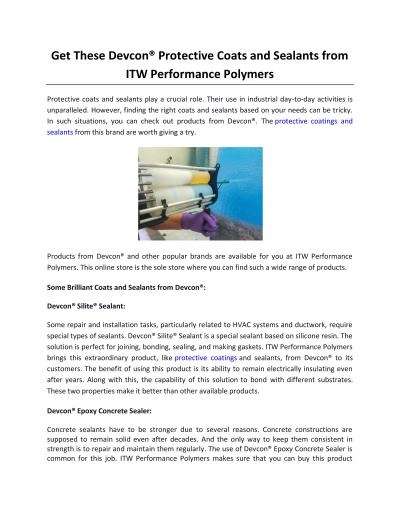 Get These Devcon® Protective Coats and Sealants from ITW Performance Polymers