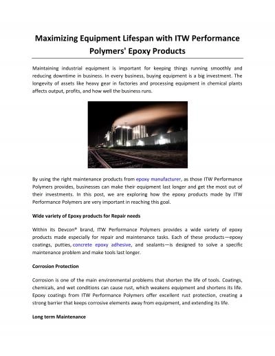 Maximizing Equipment Lifespan with ITW Performance Polymers\' Epoxy Products