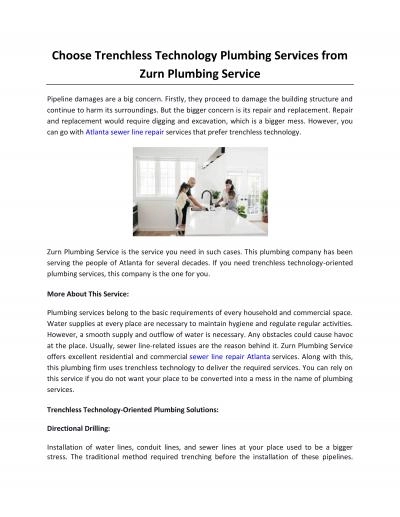 Choose Trenchless Technology Plumbing Services from Zurn Plumbing Service
