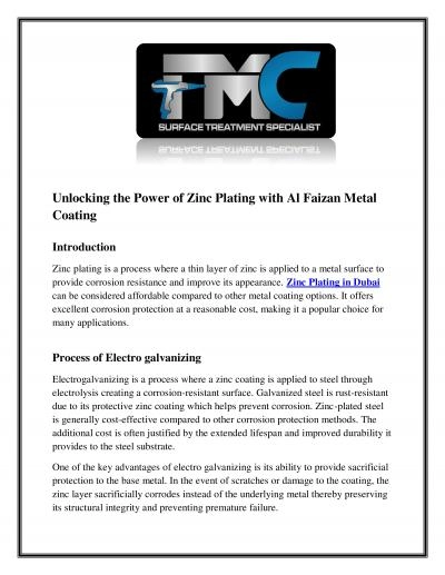 Unlocking the Power of Zinc Plating with Al Faizan Metal Coating
