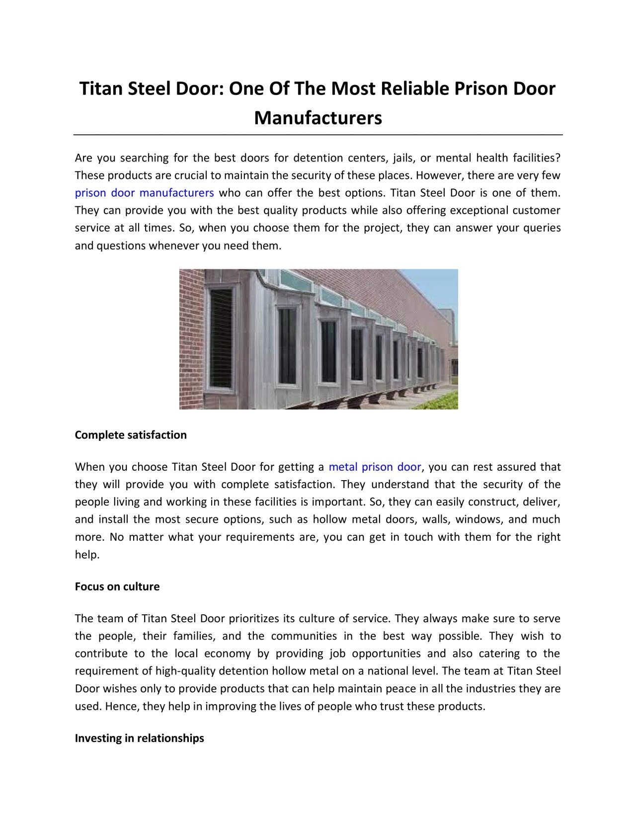 Titan Steel Door: One Of The Most Reliable Prison Door Manufacturers