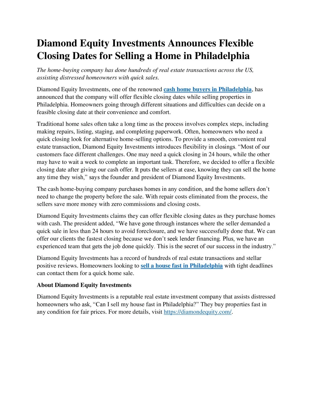 PDF-Diamond Equity Investments Announces Flexible Closing Dates for Selling a Home in Philadelphia