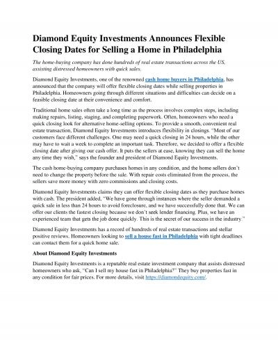 Diamond Equity Investments Announces Flexible Closing Dates for Selling a Home in Philadelphia