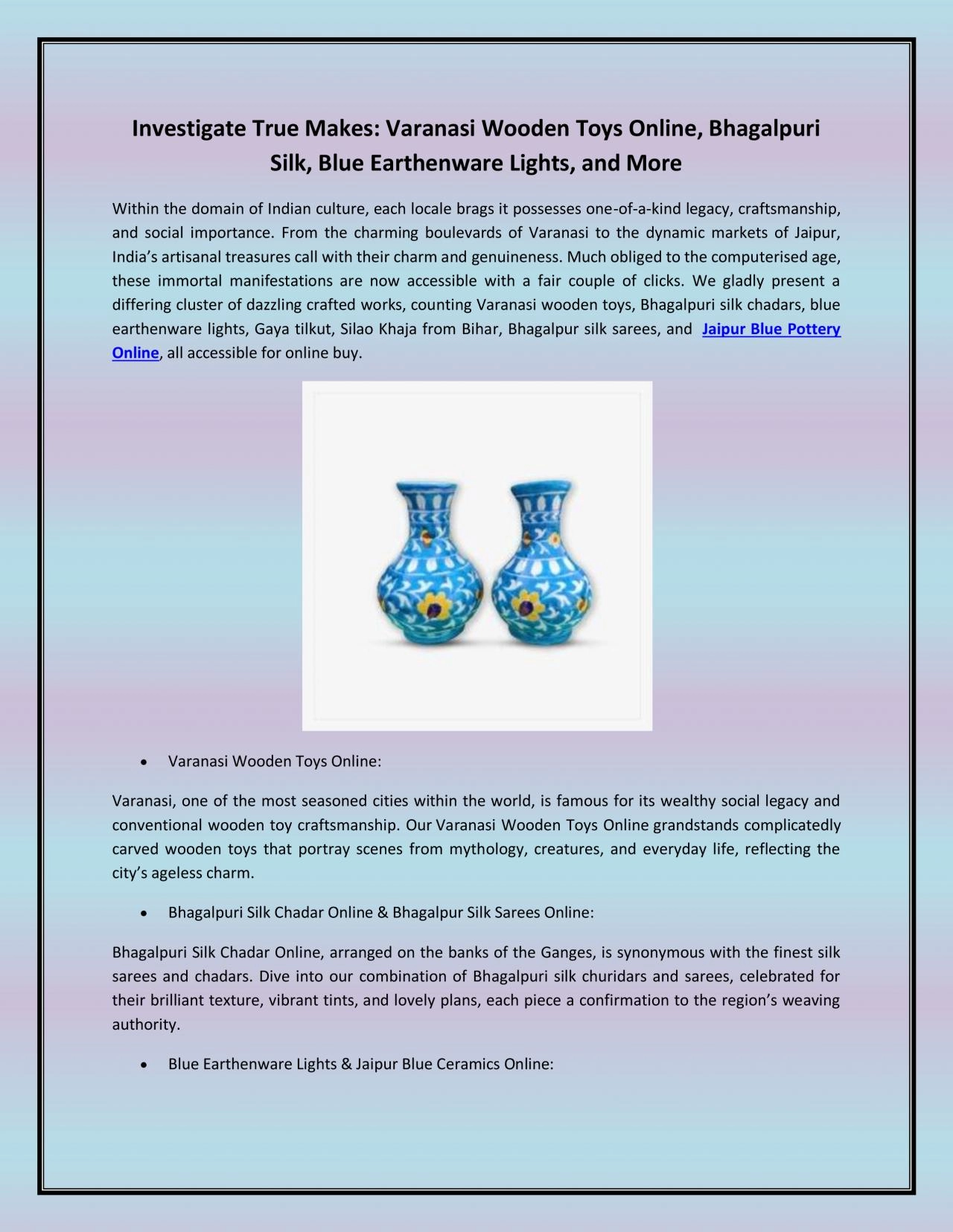 PDF-Investigate True Makes: Varanasi Wooden Toys Online, Bhagalpuri Silk, Blue Earthenware