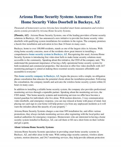 Arizona Home Security Systems Announces Free Home Security Video Doorbell In Buckeye, AZ