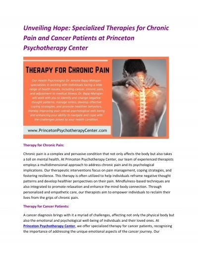 Unveiling Hope: Specialized Therapies for Chronic Pain and Cancer Patients at Princeton