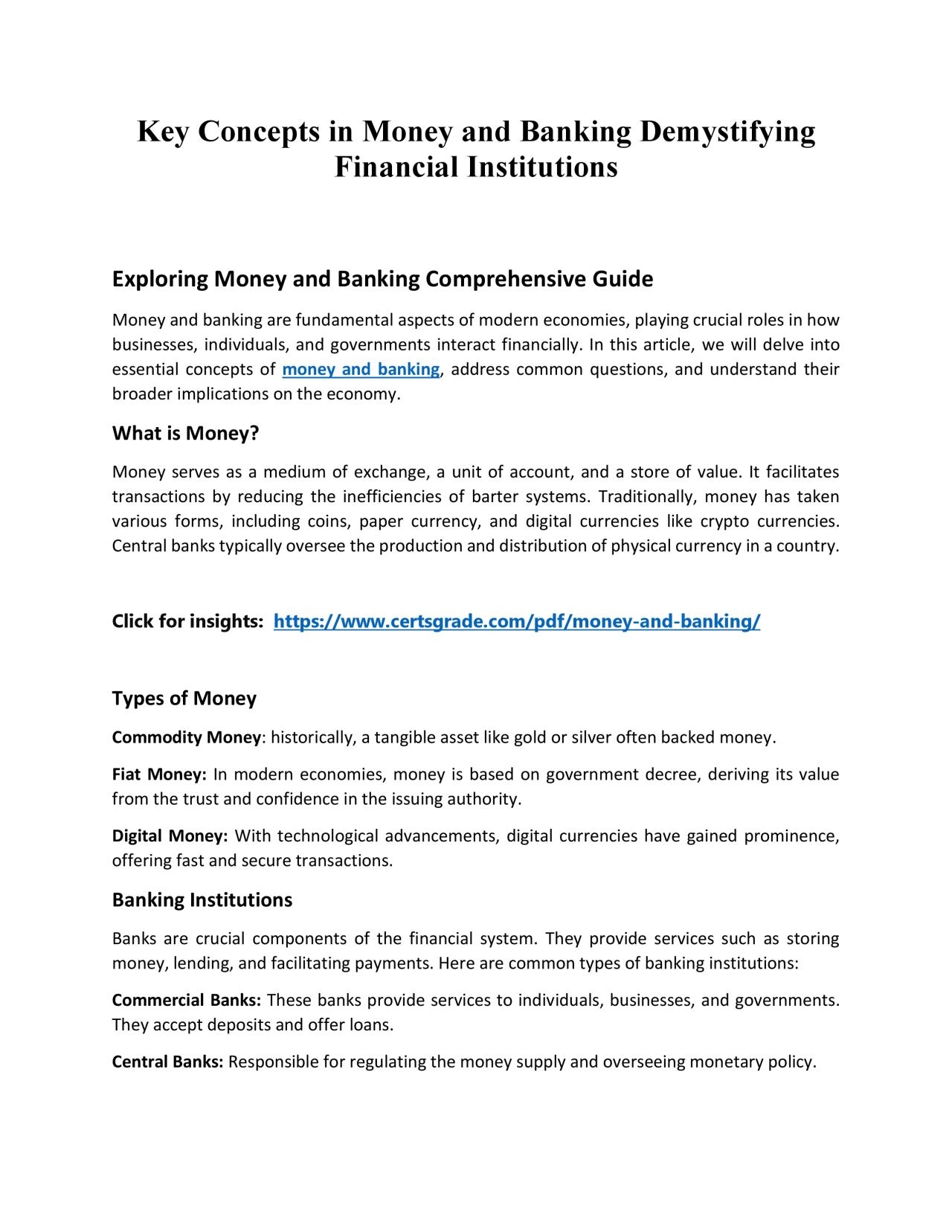 Key Concepts in Money and Banking Demystifying Financial Institutions
