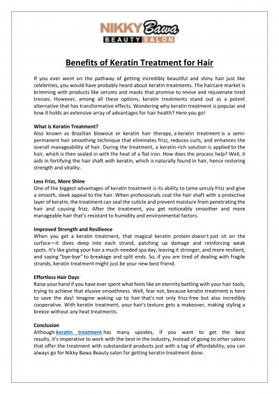 Nikky Bawa Medisalon - Benefits of Keratin Treatment For Hair