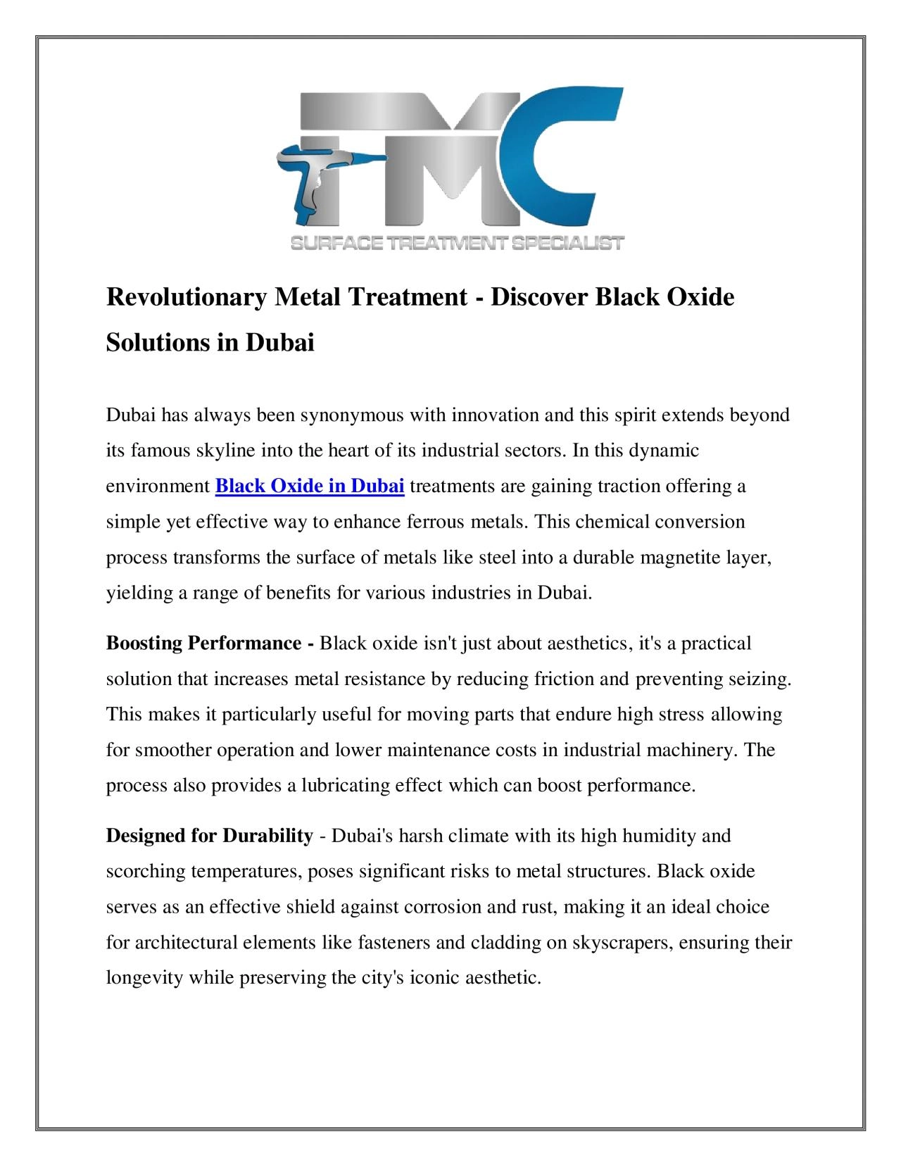 Revolutionary Metal Treatment - Discover Black Oxide Solutions in Dubai