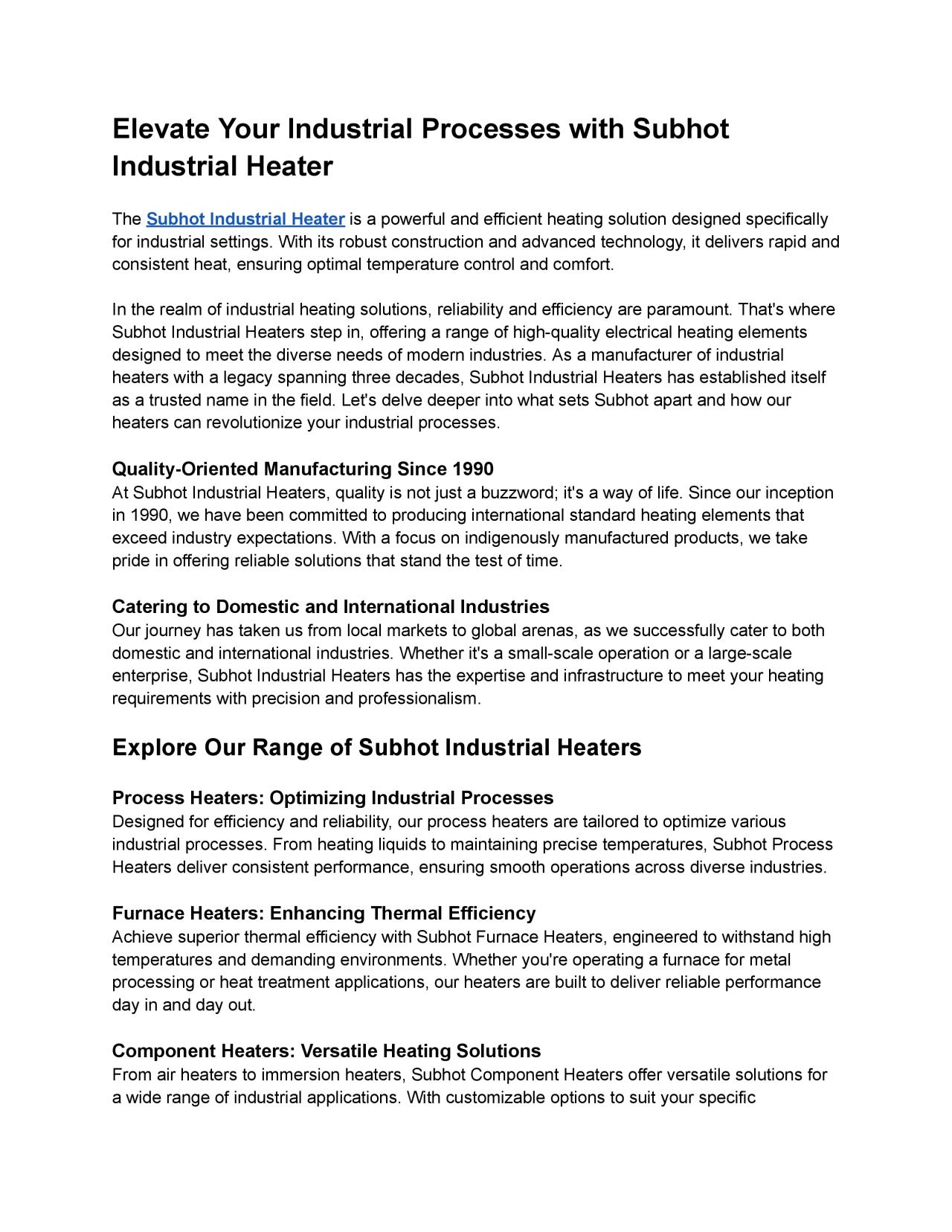 Elevate Your Industrial Processes with Subhot Industrial Heater