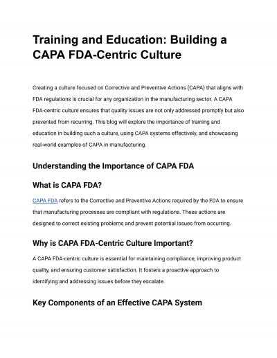 Training and Education: Building a CAPA FDA-Centric Culture