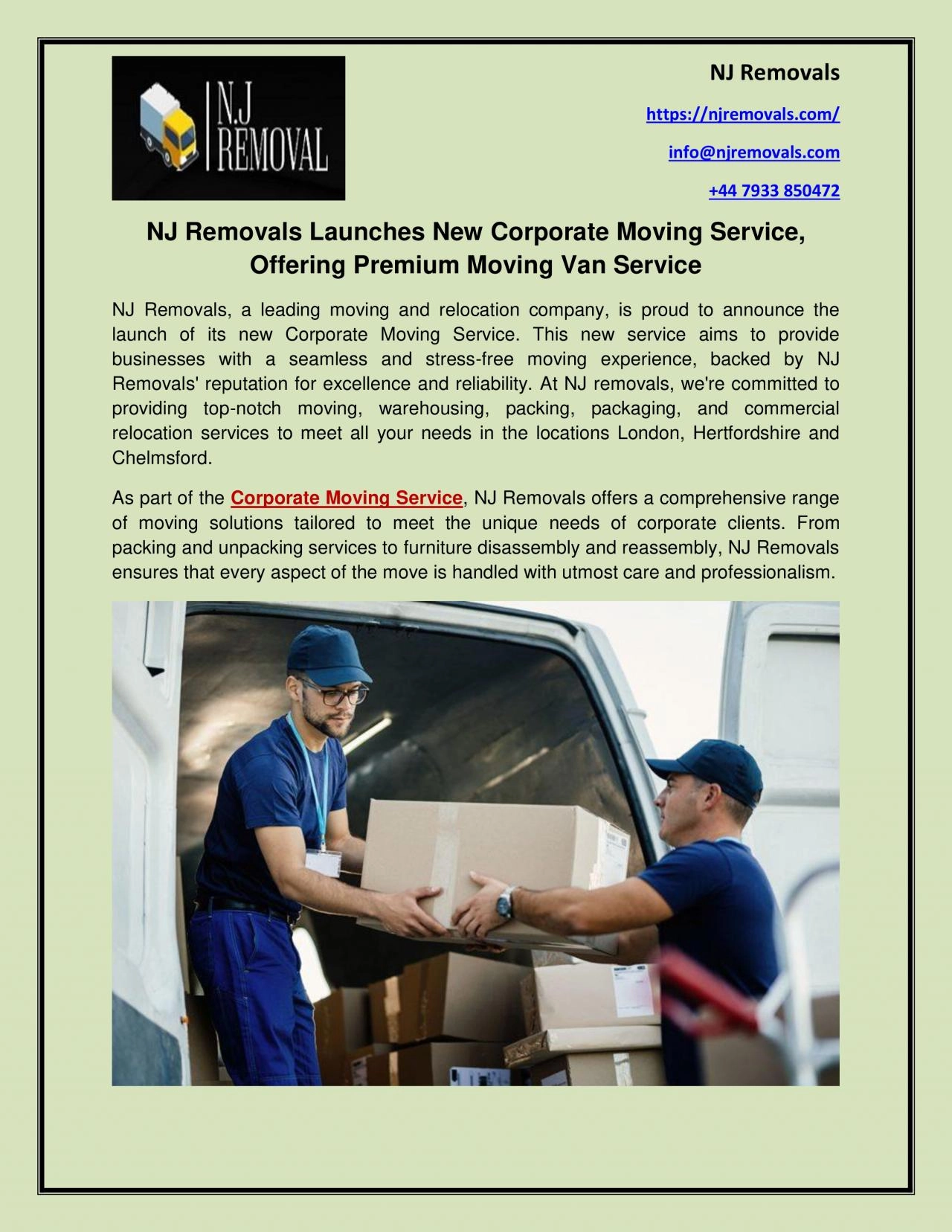 PDF-NJ Removals Launches New Corporate Moving Service, Offering Premium Moving Van Service