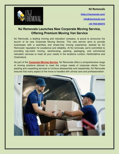 NJ Removals Launches New Corporate Moving Service, Offering Premium Moving Van Service