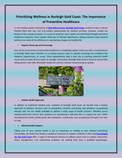 Prioritizing Wellness in Burleigh Gold Coast: The Importance of Preventive Healthcare