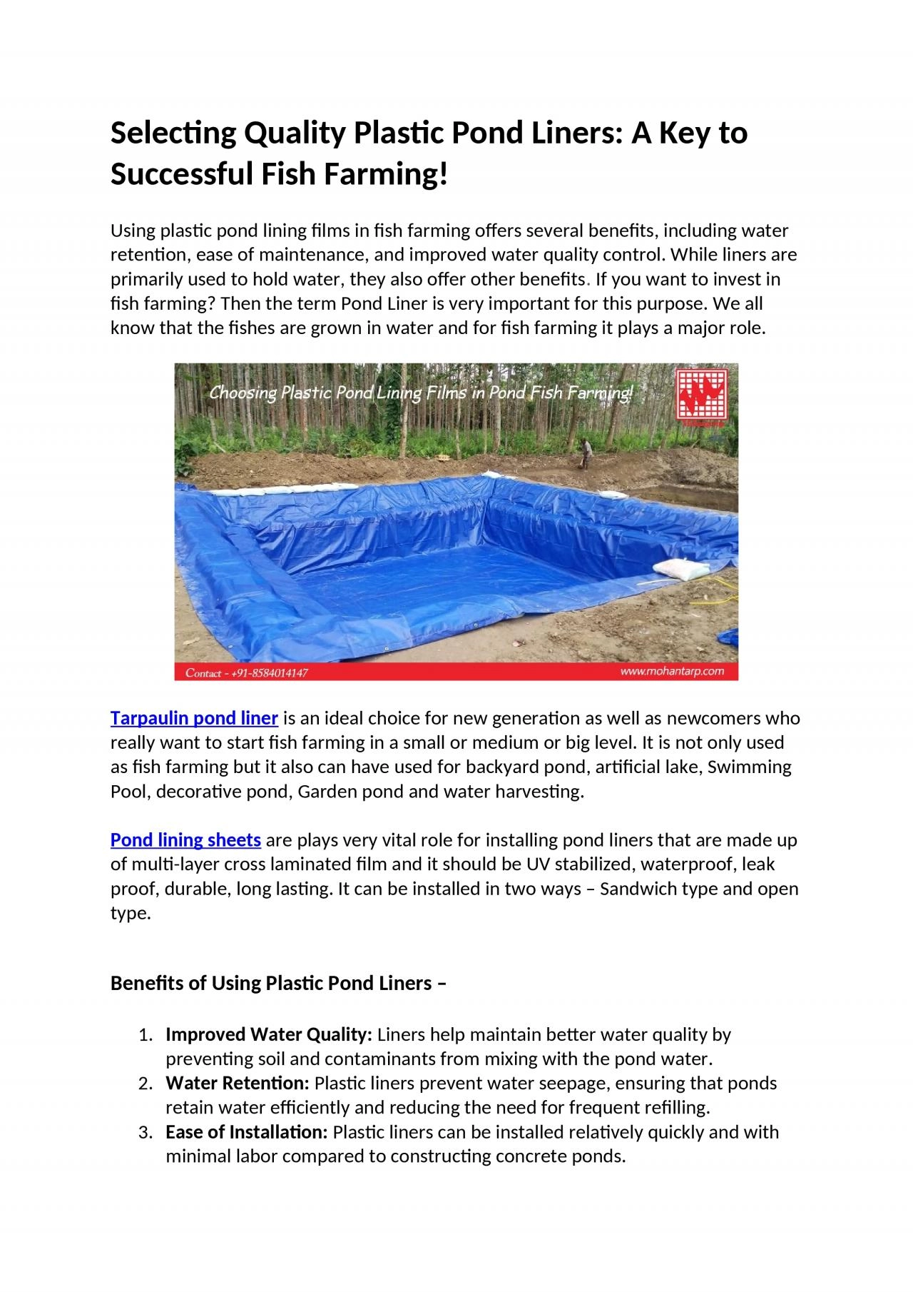 PDF-Selecting Quality Plastic Pond Liners: A Key to Successful Fish Farming