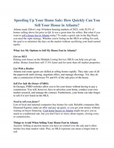 Speeding Up Your Home Sale: How Quickly Can You Sell Your House in Atlanta?