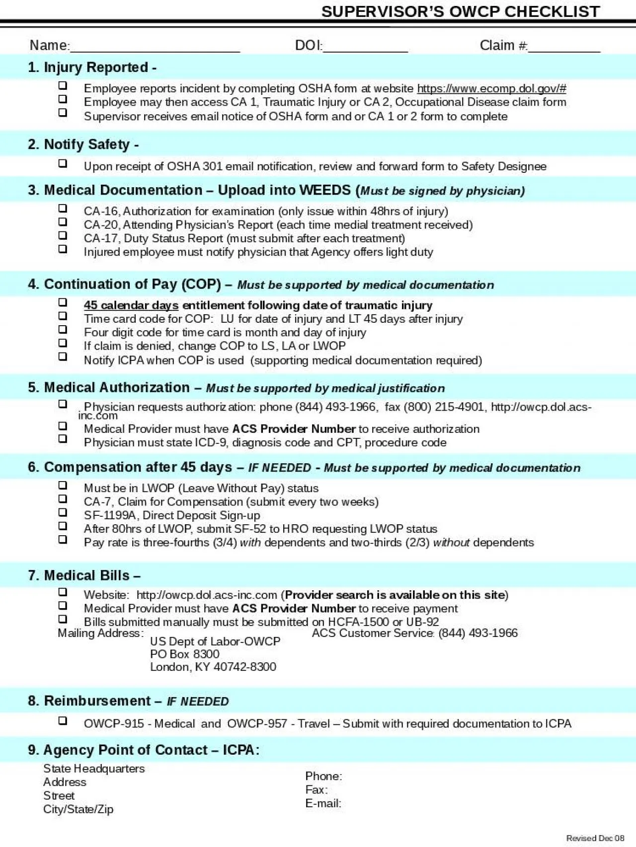 PPT-Revised Dec 08 SUPERVISOR’S OWCP CHECKLIST