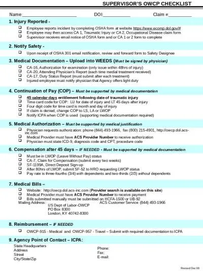 Revised Dec 08 SUPERVISOR’S OWCP CHECKLIST