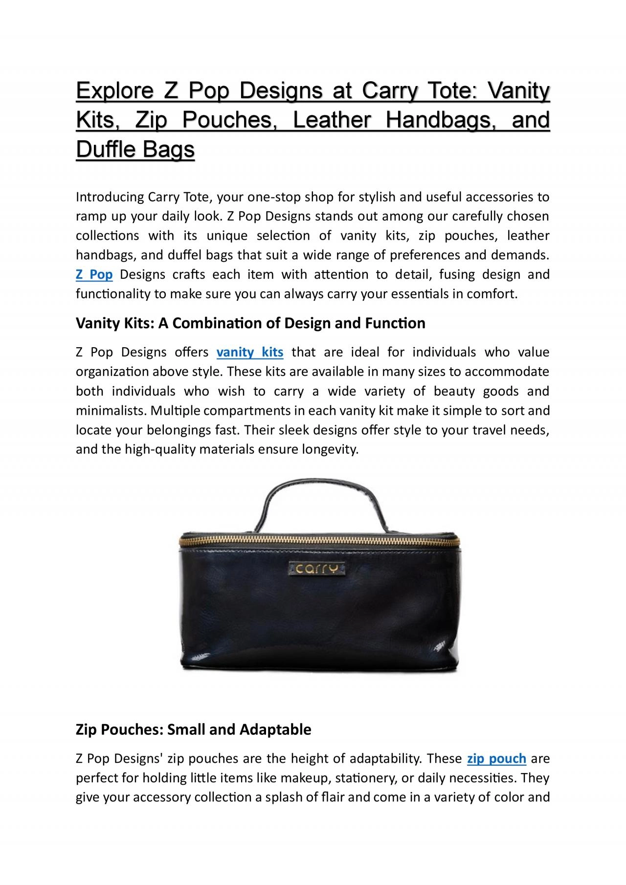 PDF-Explore Z Pop Designs at Carry Tote: Vanity Kits, Zip Pouches, Leather Handbags, and Duffle