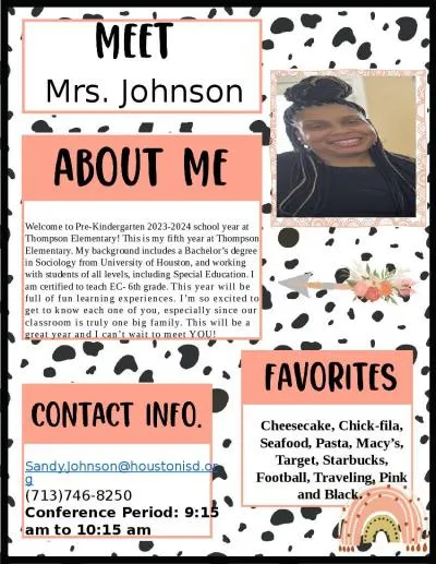 Mrs. Johnson Welcome to Pre-Kindergarten 2023-2024 school year at Thompson Elementary!