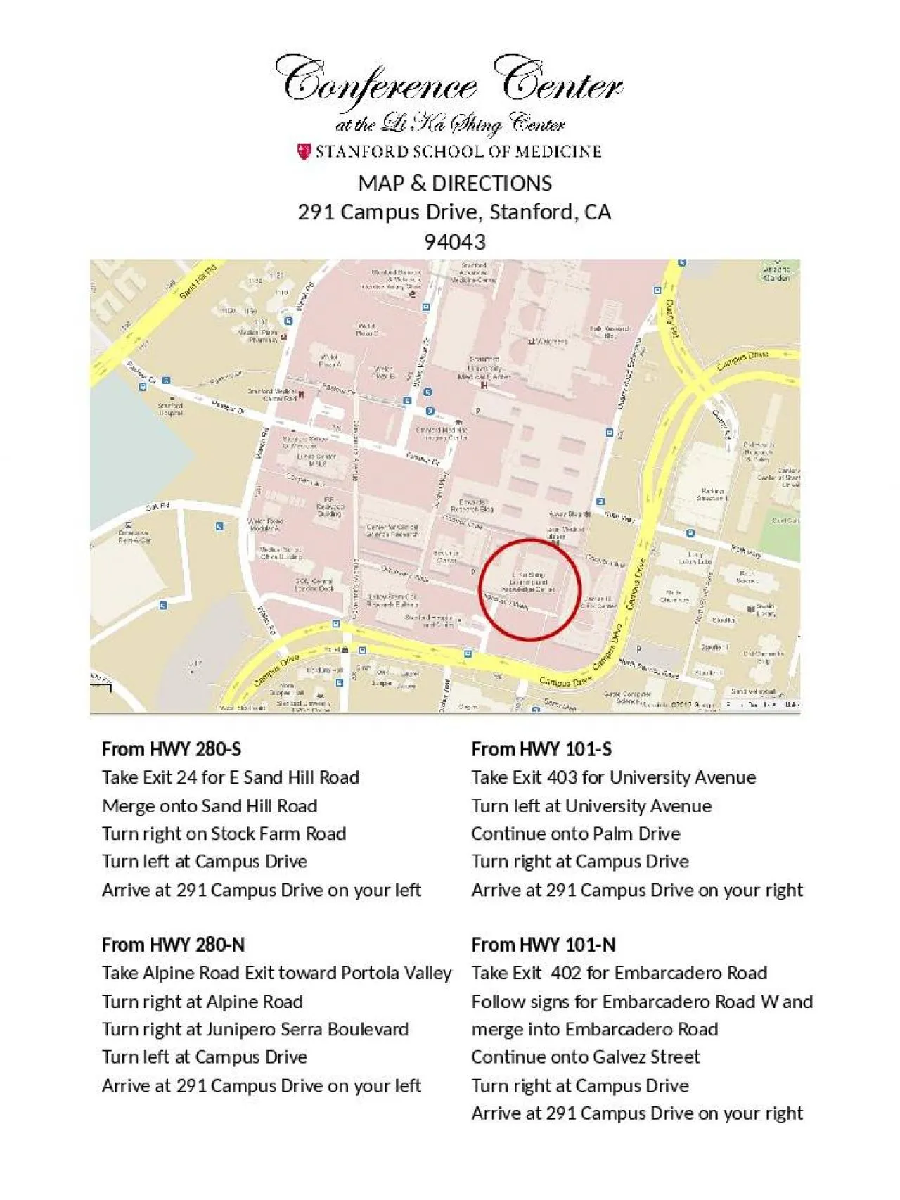 PPT-MAP & DIRECTIONS 291 Campus Drive, Stanford, CA 94043