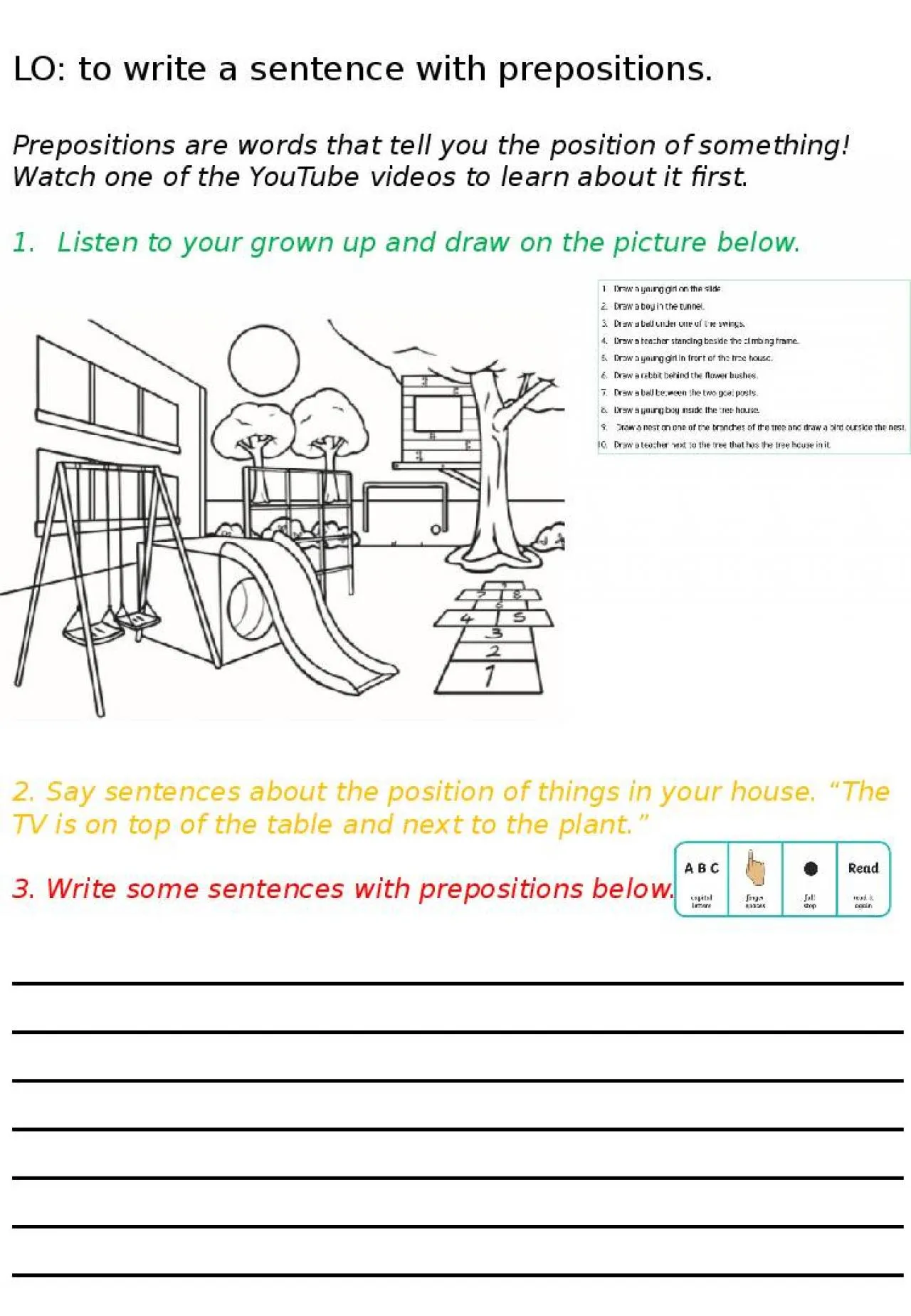 PPT-LO: to write a sentence with prepositions.