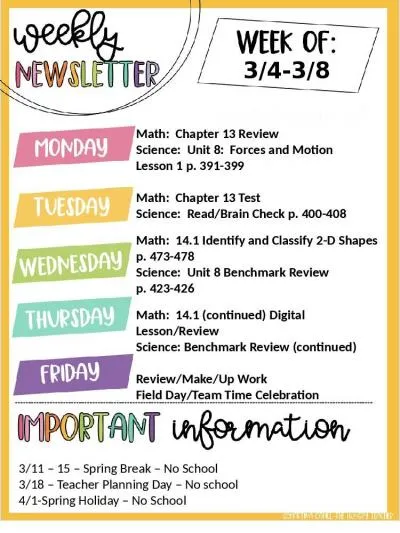 3/11 – 15 – Spring Break – No School