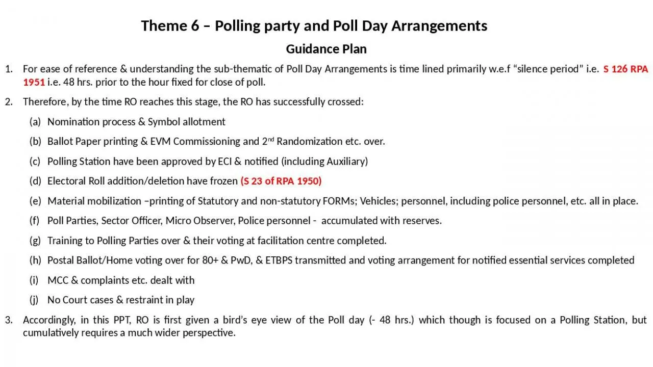 PPT-Guidance Plan For ease of reference & understanding the sub-thematic of Poll Day Arrangements