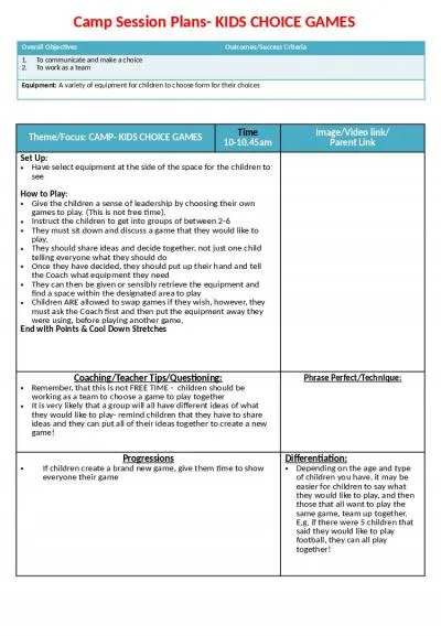 Camp Session Plans- KIDS CHOICE GAMES