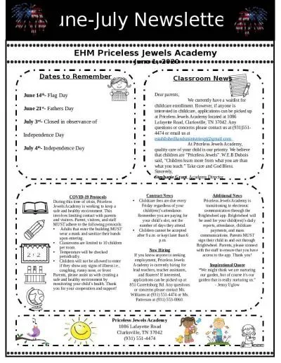 June-July Newsletter EHM Priceless Jewels Academy