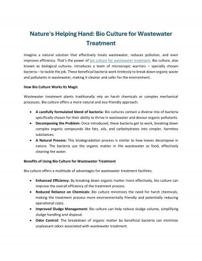 Nature\'s Helping Hand: Bio Culture for Wastewater Treatment