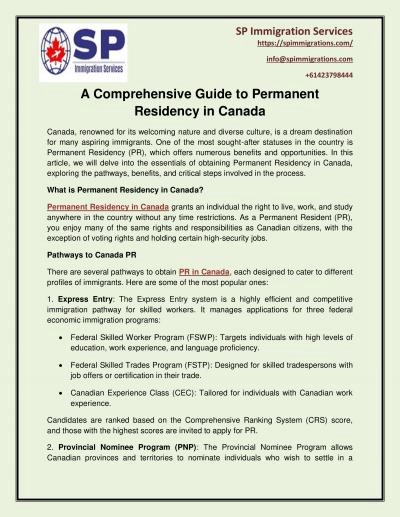 A Comprehensive Guide to Permanent Residency in Canada