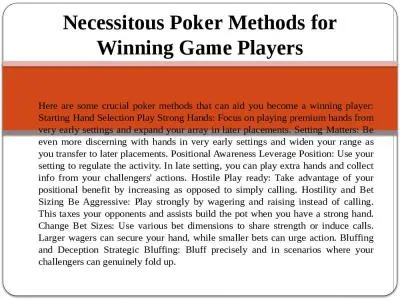 Necessitous Poker Methods for Winning Game Players