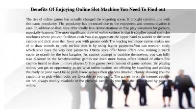 Benefits Of Enjoying Online Slot Machine You Need To Find out