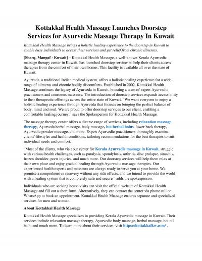 Kottakkal Health Massage Launches Doorstep Services For Ayurvedic Massage Therapy In Kuwait