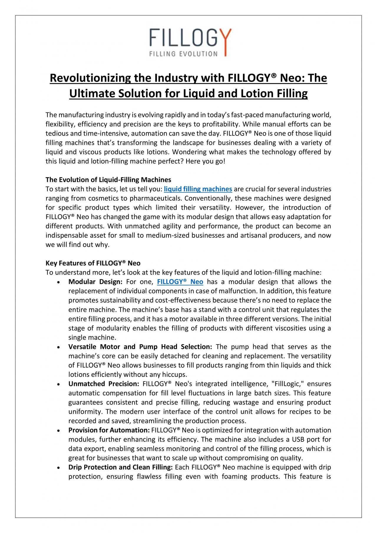 PDF-Revolutionizing the Industry with FILLOGY® Neo: The Ultimate Solution for Liquid and